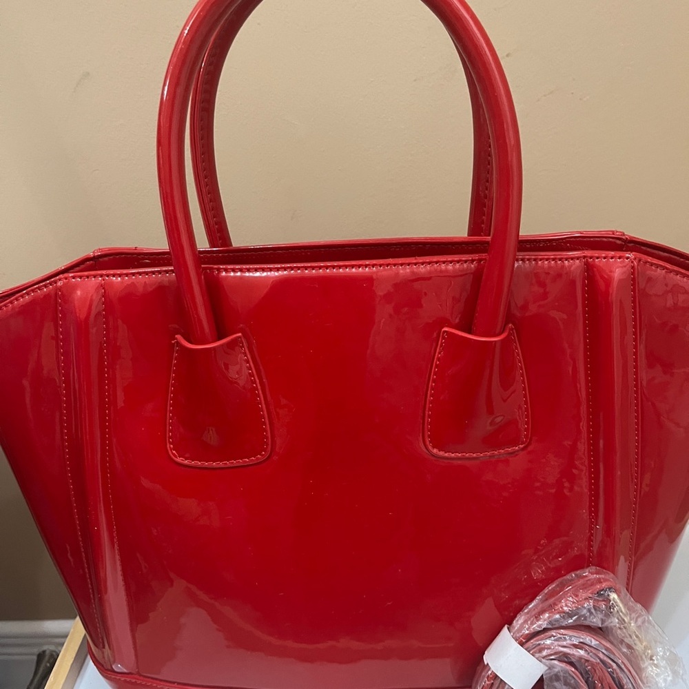 Jeanne Lottie Red Patent Tote Bag Glossy Handbag Top Handle Structured Satchel - Picture 2 of 9